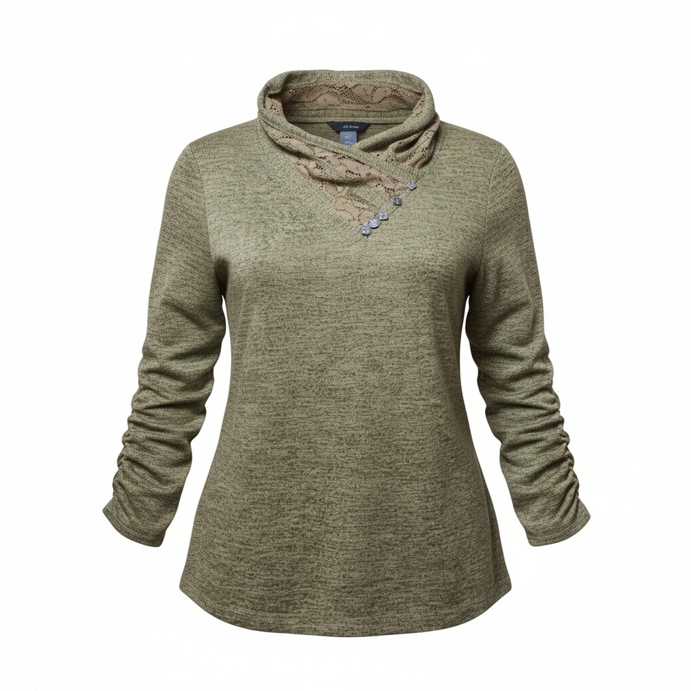 ALI MILES | Artsy Sage Green Cowl Neck Lace Accent Minimalist Tunic Sweater | 1X
